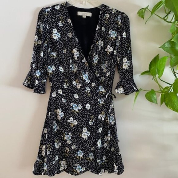 Loft Black & White Floral Wrap Romper Elbow Flutter Sleeve Size 0 - Picture 1 of 4
